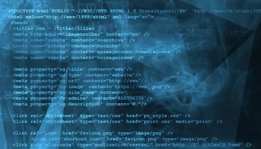 Kod HTML strony internetowej z tagami meta, linkami do stylów i ikon. Kod jest niebieski na ciemnym tle.