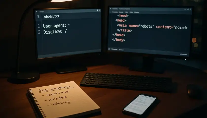 Na biurku z dwoma monitorami widać kod pliku robots.txt i meta tag noindex. Notatnik z hasłami "SEO Strategies", "robots.txt", "noindex", "indexing" i telefon.