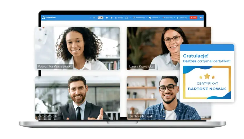 Uczestnicy wirtualnego spotkania, gdzie każdy może dowiedzieć się, webinarium co to jest. Gratulacje dla Bartosza za certyfikat!