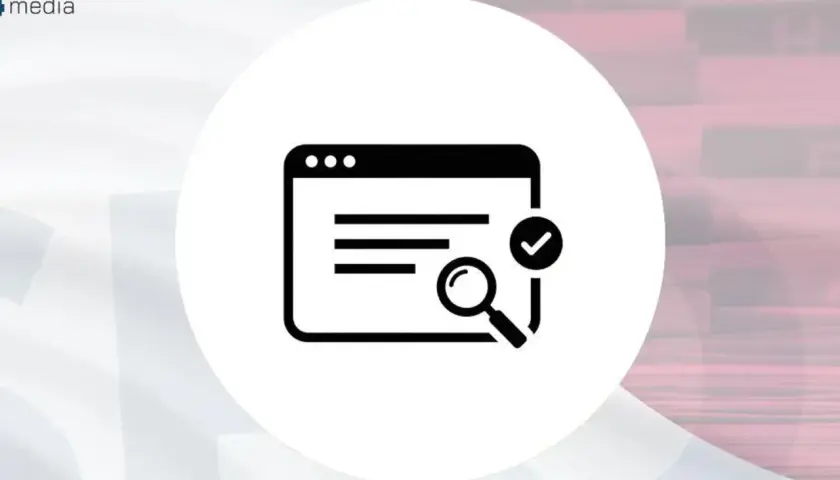 Ikona symbolizująca pozycjonowanie WordPress: lupa, okno przeglądarki i zaznaczenie.