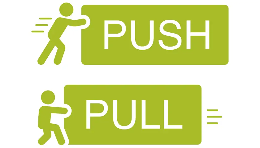 Dwie zielone tabliczki z napisami PUSH i PULL. Obok PUSH postać popycha, obok PULL ciągnie. Ilustracja strategii push i pull.