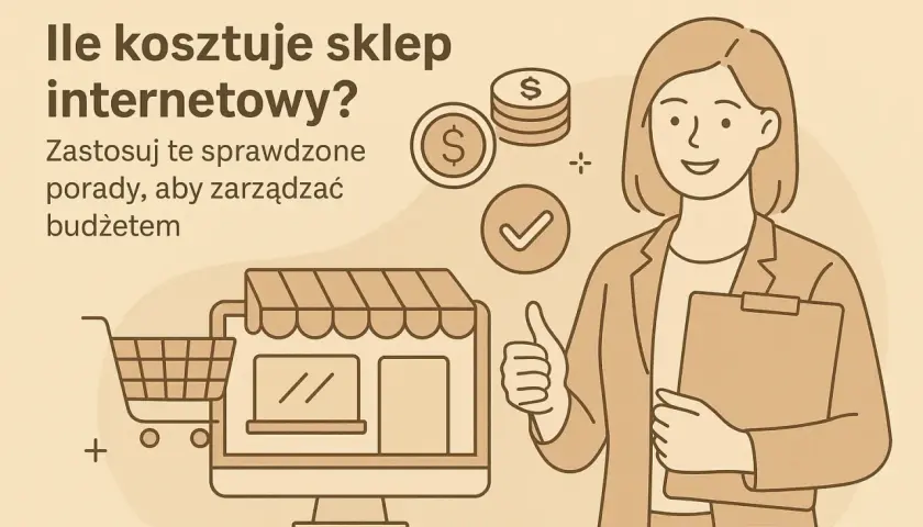 Ile kosztuje sklep internetowy? Grafika pokazuje koszyk, komputer z witryną sklepu, monety i kobietę z dokumentami, sugerując zarządzanie budżetem.