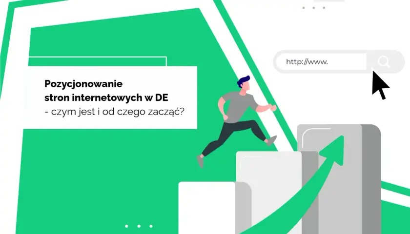Grafika ilustruje pozycjonowanie stron internetowych w Niemczech. Mężczyzna skacze po schodkach, symbolizując rozwój i osiąganie celów.