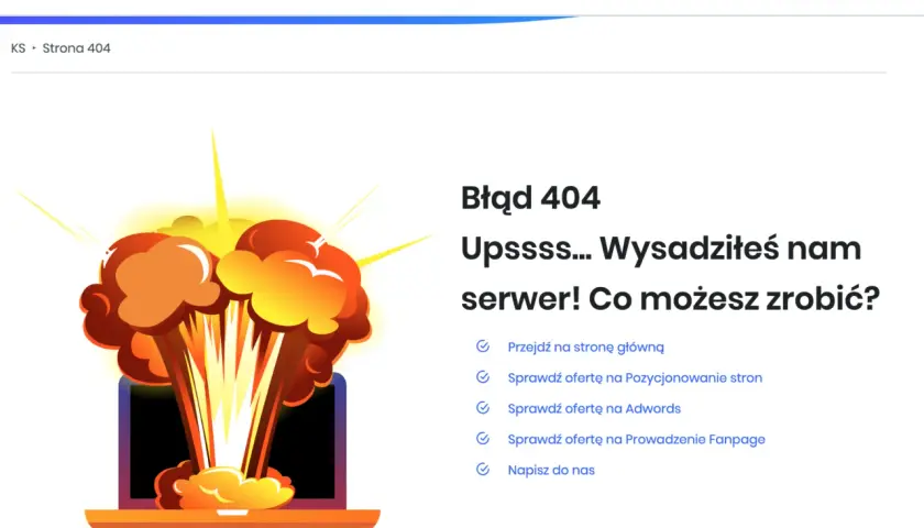 Strona 404: wybuchowy błąd serwera na laptopie. Sprawdź ofertę lub wróć na stronę główną.