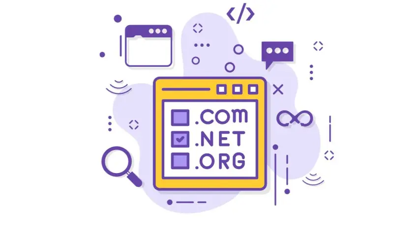 Wybór domeny najwyższego poziomu: .com, .net, .org. Ikony symbolizują wyszukiwanie, kodowanie i komunikację.