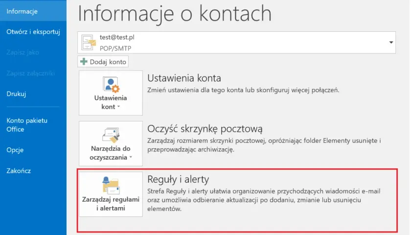 Zarządzaj regułami i alertami, aby organizować wiadomości e-mail. Ustawienia te pomagają w automatycznym przetwarzaniu poczty, np. jako autoresponder.