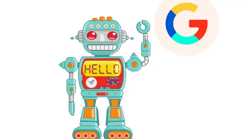 Robot z napisem "HELLO" i logo Google. To pokazuje, co oznacza rel w kontekście technologii i komunikacji.