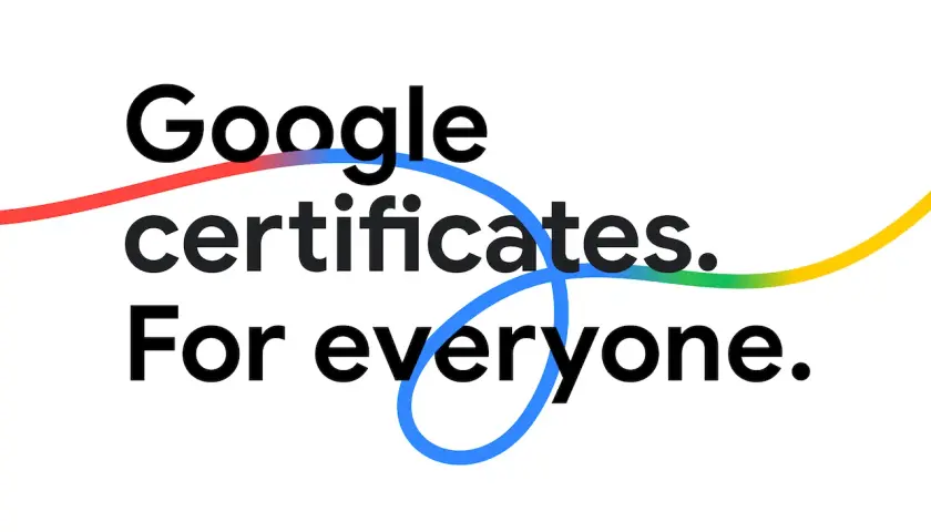 Google certificates. For everyone. Kolorowe linie oplatają tekst, podkreślając dostępność certyfikatów Google dla wszystkich.