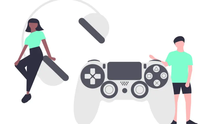 Gamifikacja co to? Dwie postacie i wielki kontroler do gier, symbolizujące zabawę i zaangażowanie.