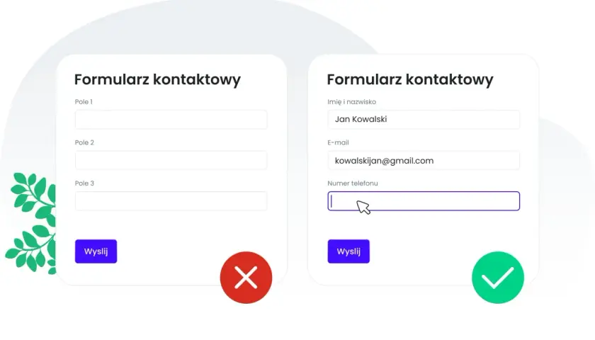 Formularz kontaktowy po prawej jest poprawnie wypełniony, co pokazuje, że WCAG co to jest ważne dla dostępności.