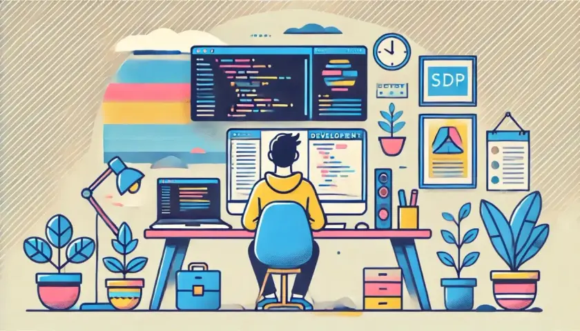 Programista przy biurku, kod na ekranie, komentarz w SQL.