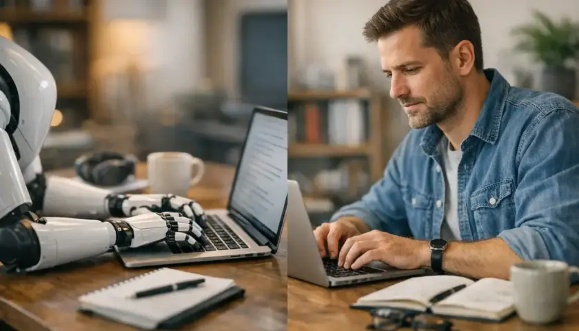 Robot i człowiek pracują przy laptopach. AI copywriter wspiera twórcę treści.