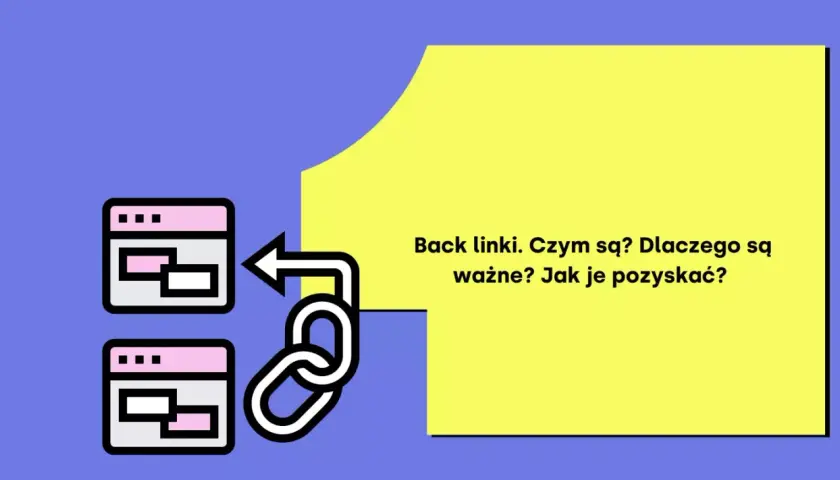 Grafika wyjaśnia, czym są backlinki, dlaczego są ważne i jak je pozyskać. Ikony stron internetowych połączone są ikoną łańcucha.