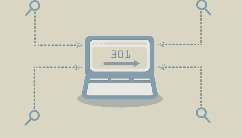Laptop z ikoną lupy i strzałką wskazującą na "301" symbolizuje przekierowanie 302.