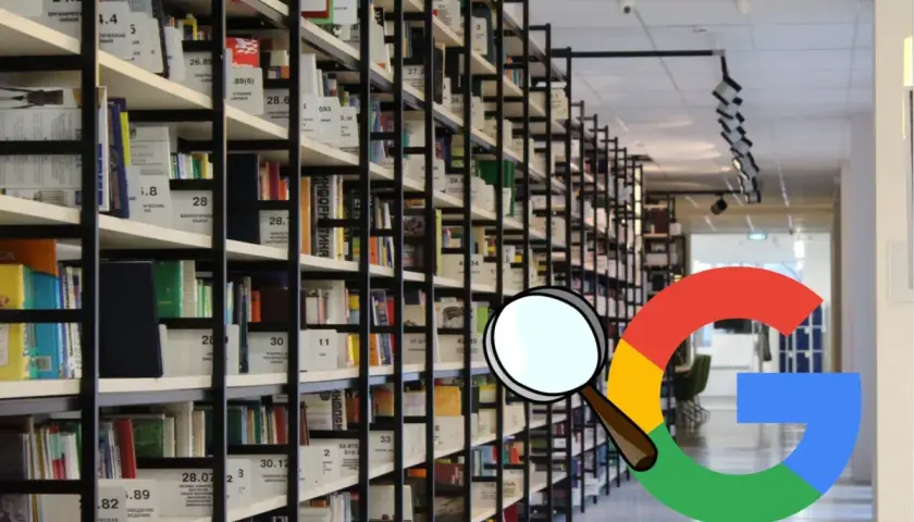 Biblioteka z książkami i logo Google. Lupa symbolizuje analizę **crawl budget**, czyli budżetu indeksowania stron przez wyszukiwarkę.