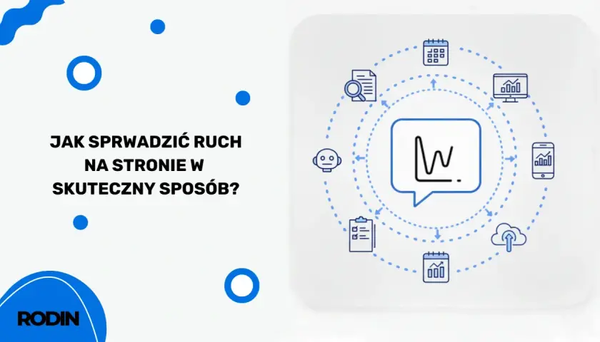 Jak sprawdzić ruch na stronie w skuteczny sposób? Grafika przedstawia schemat analizy danych: wykres, kalendarz, robot, chmura, smartfon, lista zadań.