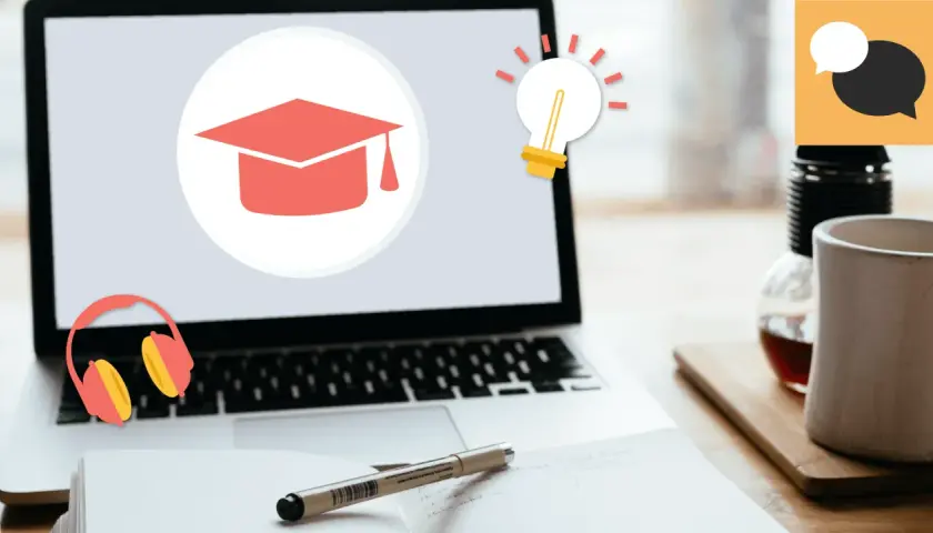 Laptop z ikoną czapki absolwenta, żarówką i słuchawkami. Idealne do nauki, np. kurs marketing.