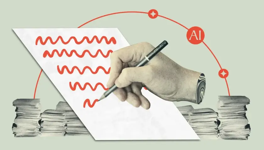 Sztuczna inteligencja pomaga w redagowaniu tekstu, tworząc nowe zasady. Dłoń z ołówkiem pisze na papierze, a stosy dokumentów symbolizują pracę.