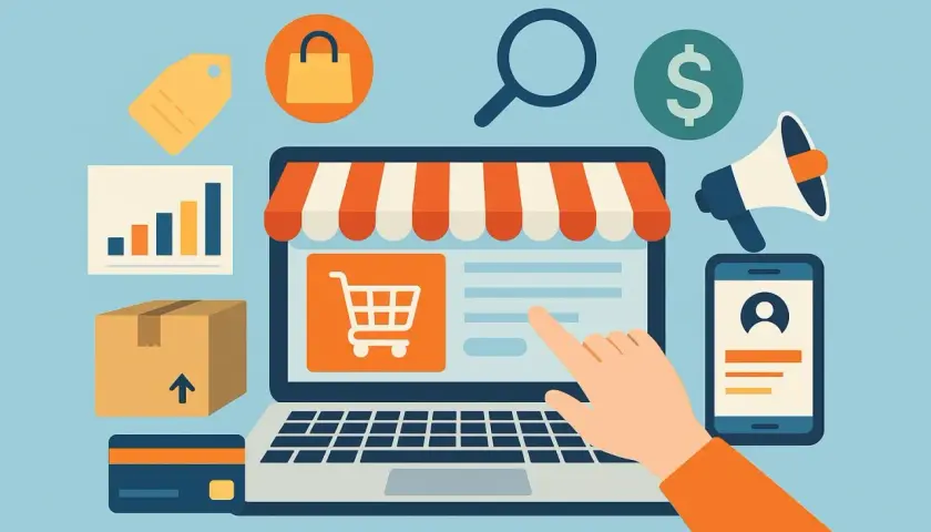Grafika ilustruje e-commerce jak zacząć: laptop z wirtualnym sklepem, koszyk, karta płatnicza, paczka, wykresy, lupa, głośnik i ikona profilu.