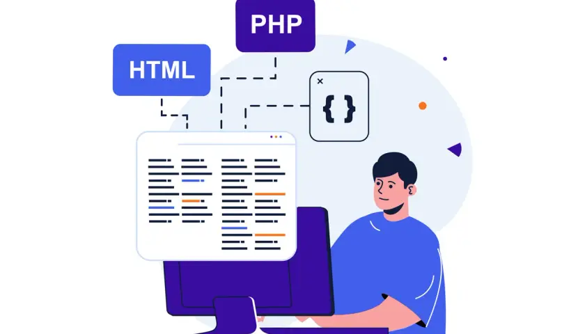 Programista tworzy wygląd strony internetowej, pracując z kodem HTML i PHP.