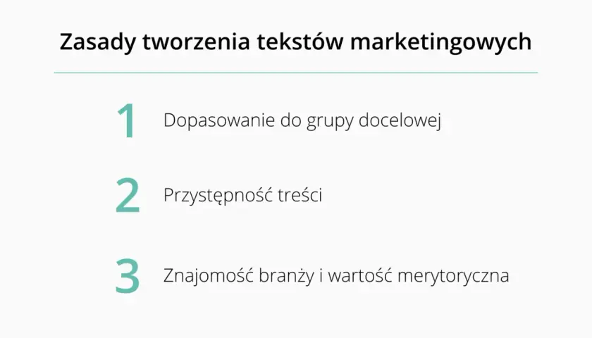 Zasady tworzenia skutecznego **tekstu reklamowego**: dopasowanie do grupy, przystępność i znajomość branży.