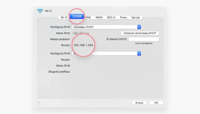 Ustawienia sieci Wi-Fi, zakładka TCP/IP. Widoczny adres routera: 192.168.1.254. To jest przykład, co to IP.