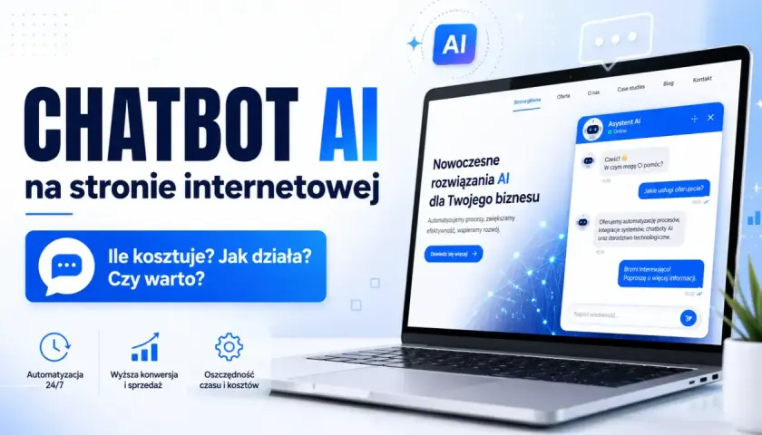 Chatbot AI na stronie internetowej. Wirtualny asystent oferuje automatyzację procesów i wsparcie dla biznesu.