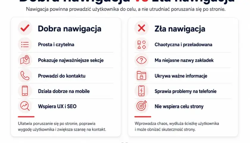 Porównanie dobrej i złej nawigacji. Dobra jest prosta, czytelna, wspiera UX/SEO i działa na mobile, jak dobrze zaprojektowany sticky menu. Zła jest chaotyczna i ukrywa informacje.