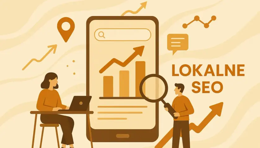 Grafika ilustruje lokalne SEO. Kobieta pracuje przy laptopie, mężczyzna analizuje dane na smartfonie za pomocą lupy. Widać wykresy wzrostu i ikonę lokalizacji.