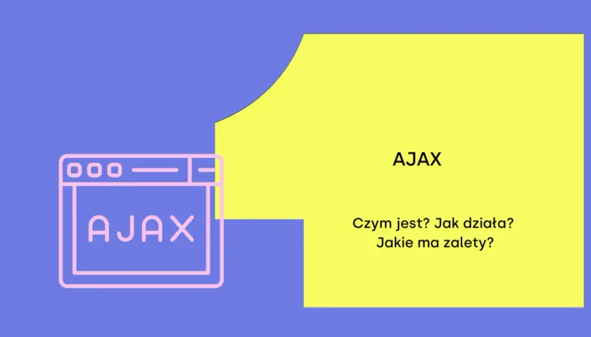 Grafika wyjaśnia, ajax co to jest, jak działa i jakie ma zalety. Widoczny jest stylizowany interfejs przeglądarki z napisem AJAX.