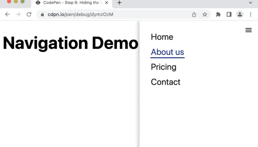 Menu nawigacyjne z opcjami: Home, About us, Pricing, Contact. Ikona hamburger menu widoczna w prawym górnym rogu.