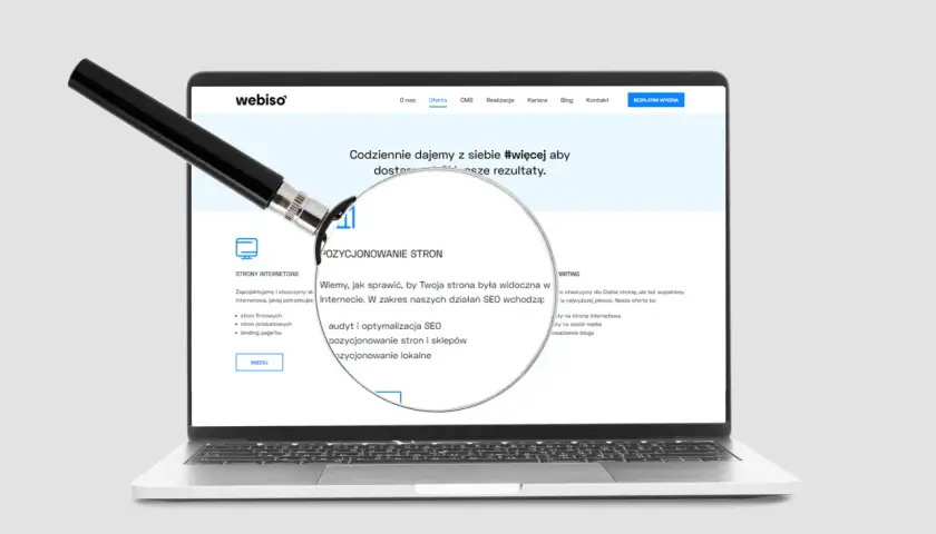 Lupa powiększa fragment strony internetowej firmy Webiso, pokazując usługi pozycjonowania stron. Dowiedz się, co to jest target w kontekście SEO.