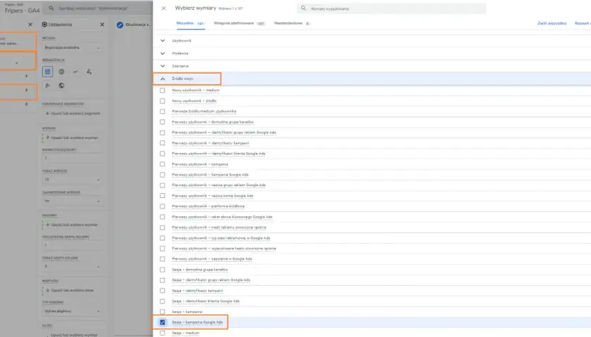 Wybór wymiaru "Sesja - kampania Google Ads" w eksploracji danych, aby analizować źródła ruchu i potencjalnie zmniejszyć bounce rate.