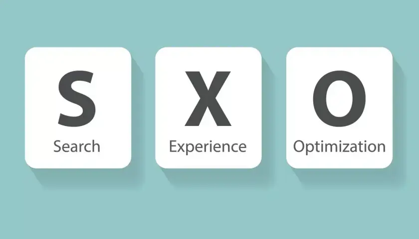 SXO co to? To Search Experience Optimization. Trzy białe kafelki z literami S, X, O i ich rozwinięciami.