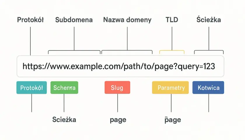 Diagram rozkłada adres internetowy na części: protokół, subdomenę, nazwę domeny, TLD, ścieżkę, slug, parametry i kotwicę.
