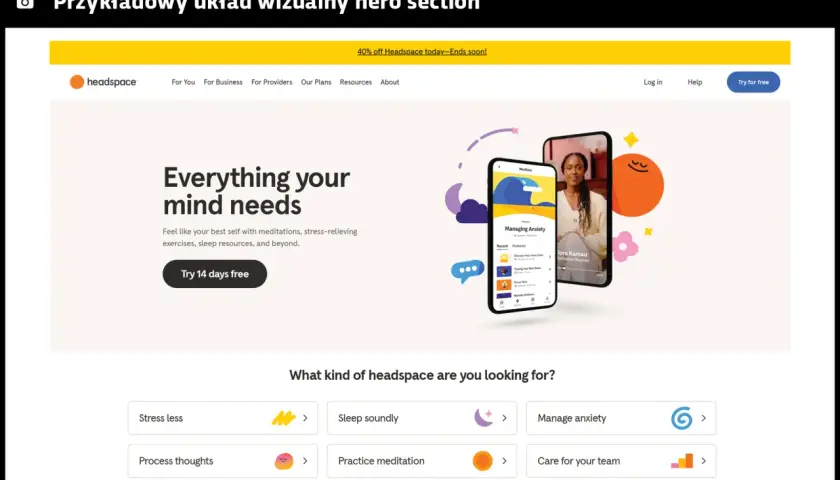 Na stronie głównej Headspace, hasło "Everything your mind needs" zachęca do darmowego 14-dniowego wypróbowania.
