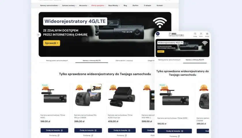 Strona sklepu z wideorejestratorami 4G/LTE. Promocja "Sprawdź" zachęca do zakupu, a sekcja "Tylko sprawdzone wideorejestratory" prezentuje modele. Możliwość porównania produktów.