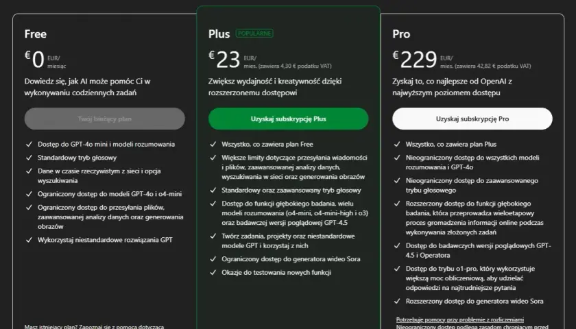 Porównanie planów: Free, Plus i Pro. Plan Plus oferuje ulepszenia, w tym dostęp do modeli GPT-4.5 i generatora wideo Sora.