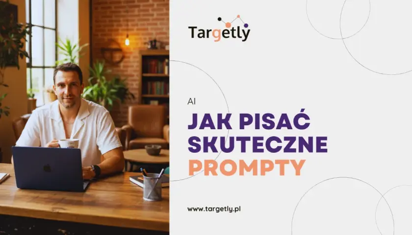 Mężczyzna z kawą przy laptopie uczy się, jak pisać skuteczne prompty dla czat gpt. Targetly.pl.