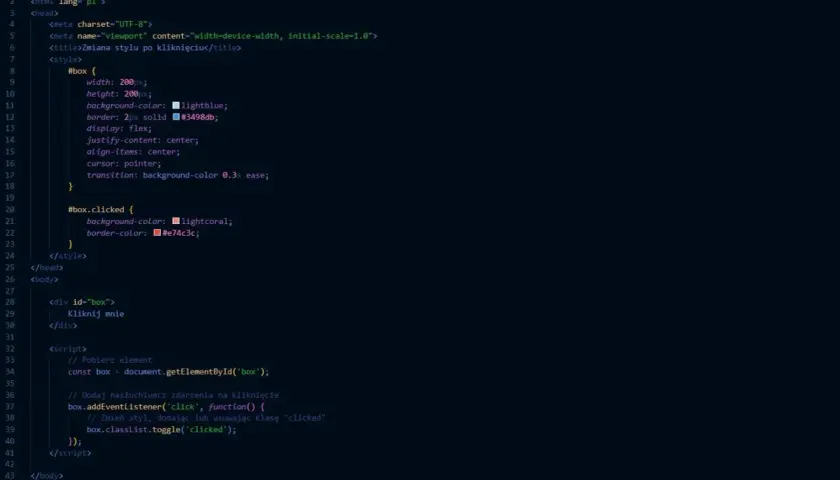 Kod HTML i JavaScript pokazujący, jak zmienić styl elementu po kliknięciu. To jest przykład, javascript co to.