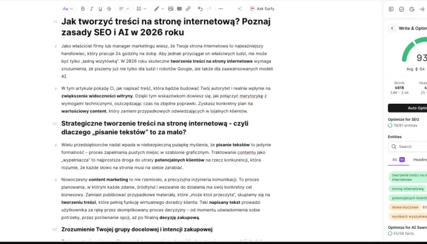 Optymalizacja tworzenia treści na stronę internetową z pomocą AI. Artykuł omawia zasady SEO i AI w 2026 roku.