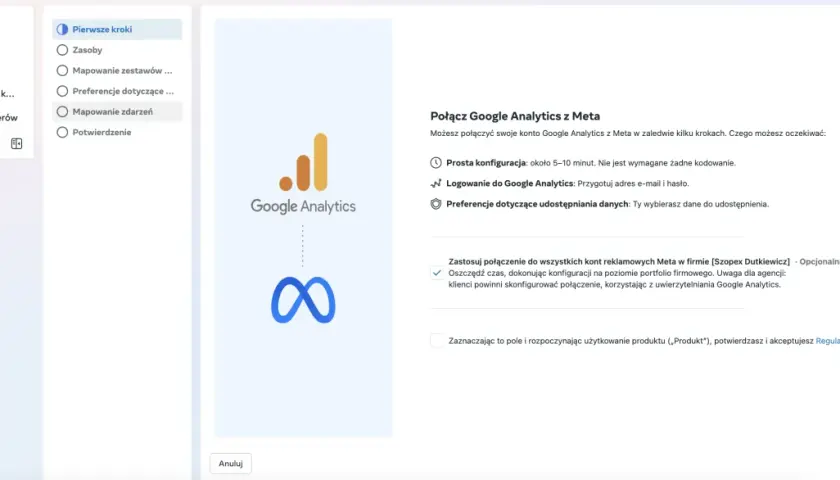 Konfiguracja połączenia Google Analytics z Meta. Umożliwia cross-network ga4.
