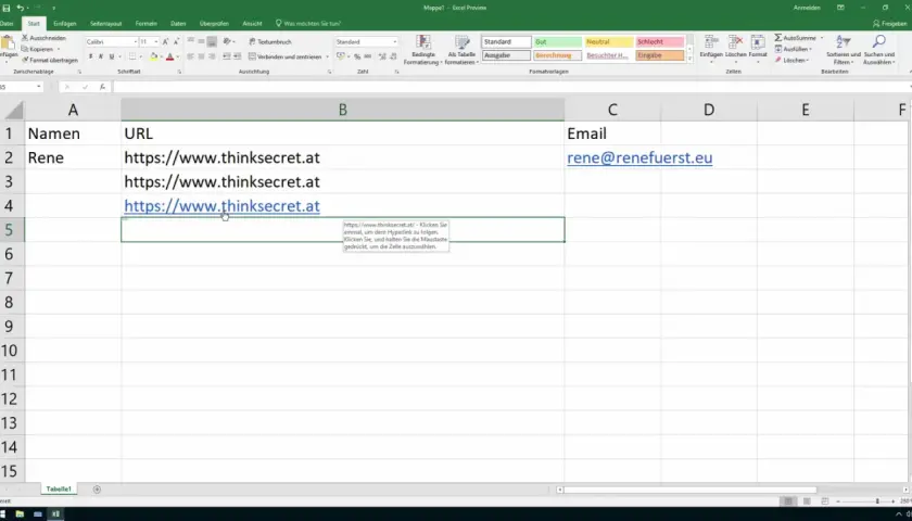 W arkuszu Excel widać listę adresów URL. Aby usunąć hiperłącze, kliknij prawym przyciskiem myszy na komórkę i wybierz "Usuń hiperłącze".