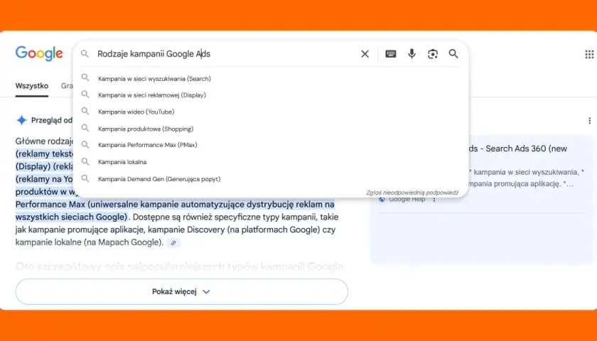 Wyszukiwarka Google pokazuje różne rodzaje kampanii reklamowych: w sieci wyszukiwania, Display, wideo, produktowe, Performance Max, lokalne i Demand Gen.