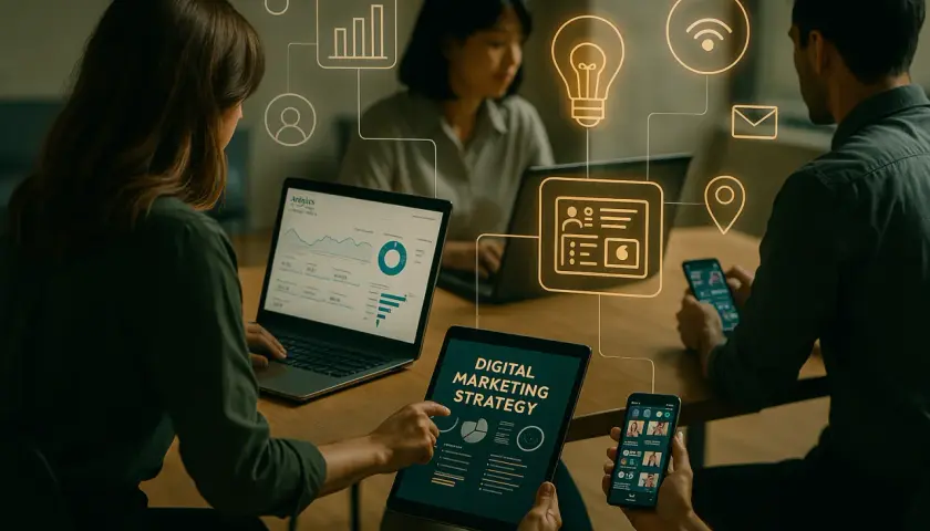 Zespół analizuje dane i tworzy strategię digital marketingową, korzystając z laptopów i tabletów.