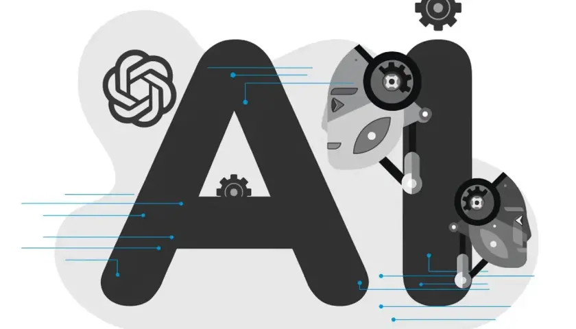 Grafika przedstawia litery "AI" z elementami robotycznymi i symbolem OpenAI, sugerując rozwój technologii, jak chat gpt-3.