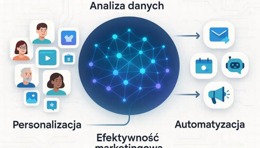 Grafika przedstawia schemat analizy danych z wykorzystaniem narzędzi AI. Personalizacja i automatyzacja działań marketingowych dzięki sztucznej inteligencji.