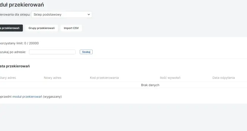 Panel administracyjny sklepu z opcją dodawania i zarządzania przekierowaniami 301. Widoczna lista przekierowań, pole wyszukiwania i przycisk dodawania.