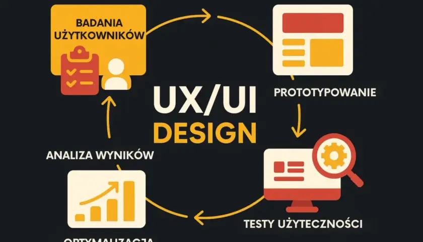 Schemat procesu UX/UI design: badania użytkowników, prototypowanie, testy użyteczności, optymalizacja.