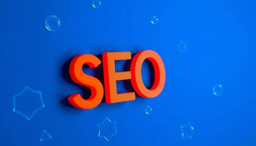 Pomarańczowe litery SEO unoszą się na niebieskim tle, otoczone bańkami i gwiazdkami. Kluczowe słowa dla Twojej strony.
